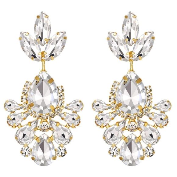 Yellow Gold with White Diamond Austrian Crystal Banquet Chandelier Post Earrings